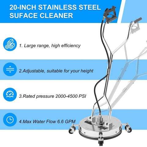 20 Inch Pressure Washer Surface Cleaner With 304 Stainless Steel Housing Dual Handle Driveway Attachment 4500 PSI Includes 2 Replacement Nozzles For Concrete Sidewalk Deck And Patio Cleaning is shown with dual handles and wheels for mobility.