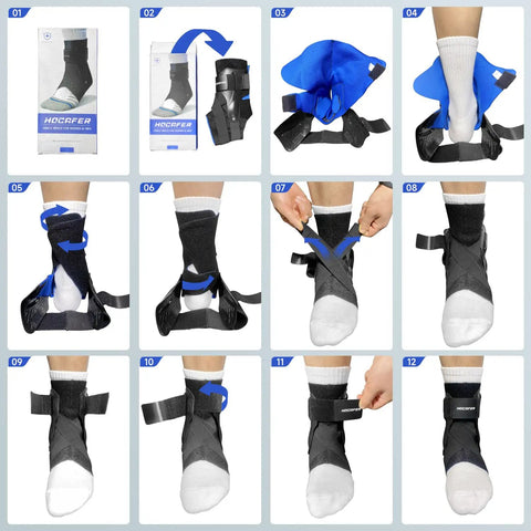 Step-by-step use of Right Ankle Brace for Women and Men, Sprain Recovery Support With Two Spring Steel Supports and Dual Straps, Size M.