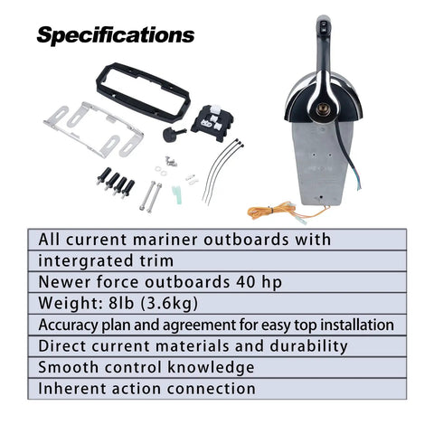 Outboard Remote Control Kit For Single Binnacle Top Mount Box With Fast Idle Button And Power Trim Tilt Plug And Play Marine Boat Remote Control System Compatible With 8M0059686 Motor Controller displayed with specifications