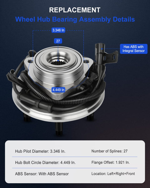 Front Wheel Hub And Bearing Assembly 515078 Drop In Direct Fit For Ford Explorer Sport Trac Mercury Mountaineer 2006 2007 2008 2009 2010 With ABS 5 Lug 3 Bolt Flange Replacement details