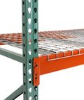 Heavy Duty Teardrop Pallet Rack Frame 48 Inch Depth By 144 Inch Height welded steel upright with orange beam and mesh shelf.