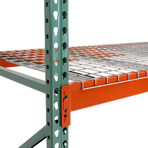 Heavy Duty Teardrop Pallet Rack Frame 48 Inch Depth By 144 Inch Height welded steel upright with orange beam and mesh shelf.