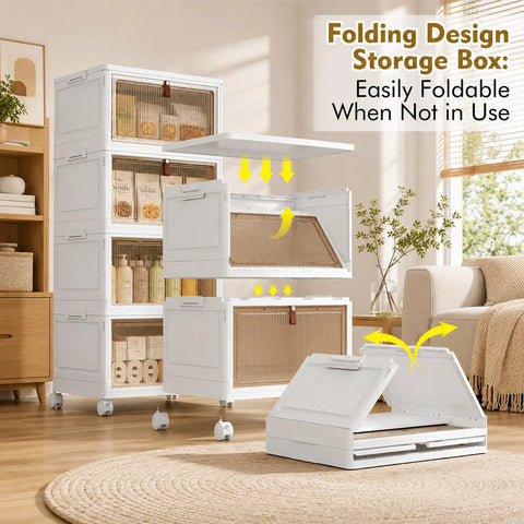 Heavy Duty 28 Quart Stackable Storage Totes With Roll Along Wheels Premium Plastic Home Stash Organizer Featuring Locking Casters And Smooth Magnetic Door For Slick Space Organization displaying a folding design storage box.