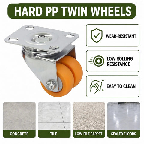 Heavy Duty 1.5 Inch Dual Wheel Casters Set Of 4 Featuring Two Wheel Brakes And Top Shelf Chrome Finish on hard PP twin wheels.