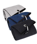 Three Pack Large Golf Towels With Carabiner Clip Tri Fold Microfiber Waffle Pattern Quick Dry in gray, blue, black