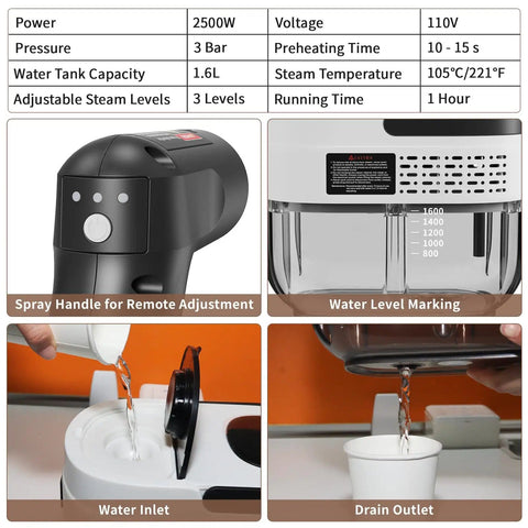 Beast 2500W Portable Steam Cleaner features spray handle, 1.6L tank marking, water inlet, and drain outlet details.