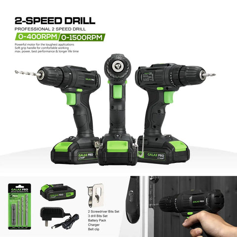 No Nonsense Two Speed Compact Drill Driver 20V Max With Three Eighths Inch Chuck, 19 Plus 1 Torque Settings, tools displayed