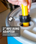 Heavy Duty No Sweat Manual Drum Pump Featuring Chemical Resistant Rotary Crank Mechanism And Extended Forty Nine Inch Suction Tube For Effortless Barrel Draining No Electricity Needed Fits Standard Containers with 2-inch NPS bung adapter securing the pump in place.
