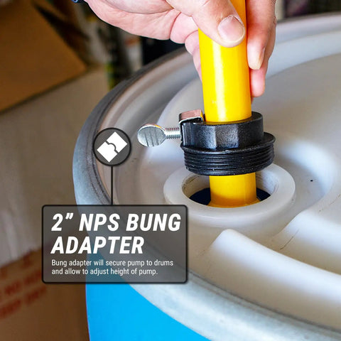 Heavy Duty No Sweat Manual Drum Pump Featuring Chemical Resistant Rotary Crank Mechanism And Extended Forty Nine Inch Suction Tube For Effortless Barrel Draining No Electricity Needed Fits Standard Containers with 2-inch NPS bung adapter securing the pump in place.