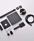 Matte Black 10 Inch Rainfall Shower Head With Boss High Pressure Handheld Kit components laid out, including hose and fittings