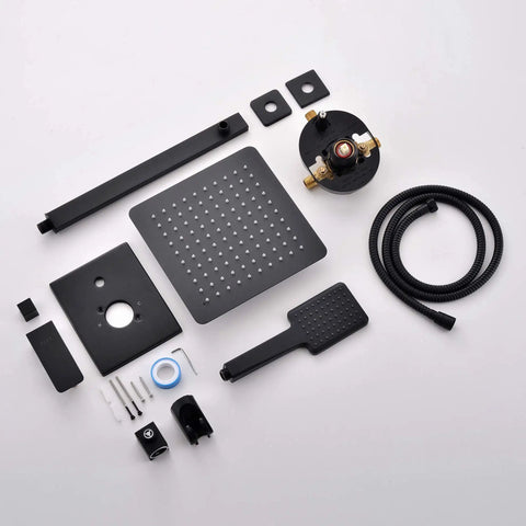 Matte Black 10 Inch Rainfall Shower Head With Boss High Pressure Handheld Kit components laid out, including hose and fittings