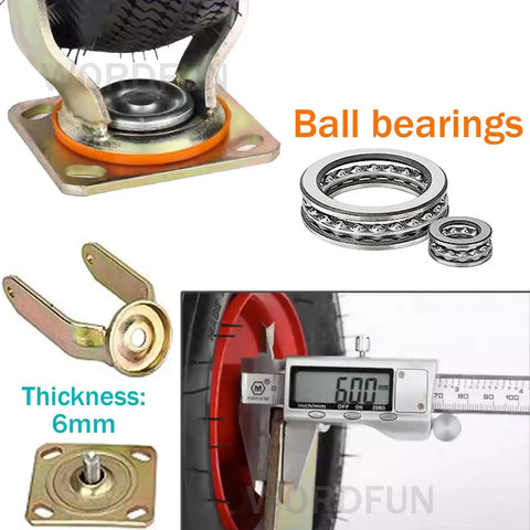 Heavy Duty Swivel Castor Wheels With Brake Trolley Replacement Caster Featuring Natural Rubber Pneumatic Tire, showing ball bearings and thickness measurement.