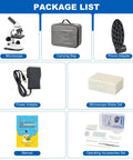 Package list including All In One Microscope For Adults And Kids With 40X-2000X Magnification, phone adapter, and accessories.