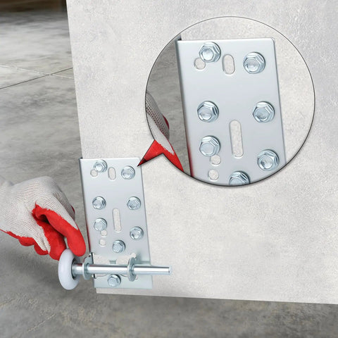 Close-up of Heavy Duty Garage Door Bottom Roller Bracket With 7/16 Inch Diameter Roller Stem installed on garage panel