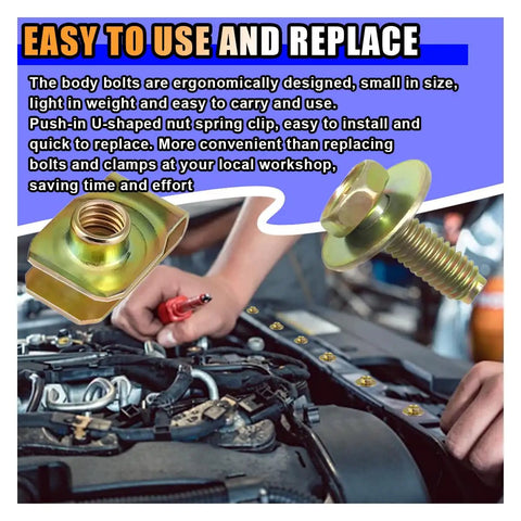 40 Piece Car Body Bolts M6 1.0 And Extruded U Nuts Kit visible with engine application and easy installation description.