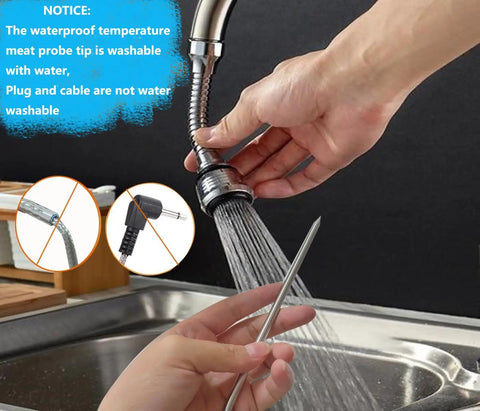 Replacement Meat Probe Kit for Wood Pellet Grills being washed under running water, emphasizing waterproof stainless steel probe.