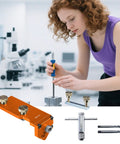 Heavy Duty Aluminum Profile Drill Guide And Extrusion Cutting Jig in use, showcasing precision drilling with clamps and drill bits.