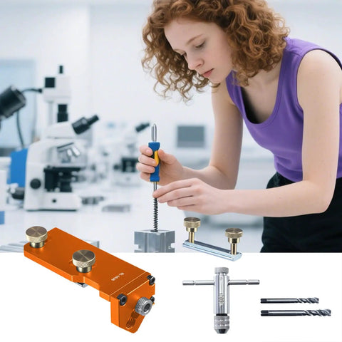 Heavy Duty Aluminum Profile Drill Guide And Extrusion Cutting Jig in use, showcasing precision drilling with clamps and drill bits.