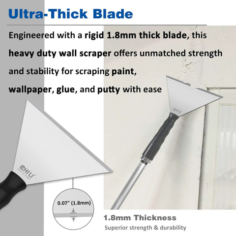 Stainless Steel 7 Inch Pole Scraper With 1.8mm Heavy Duty Blade For Ceiling Paint Removal And Wallpaper Scraping