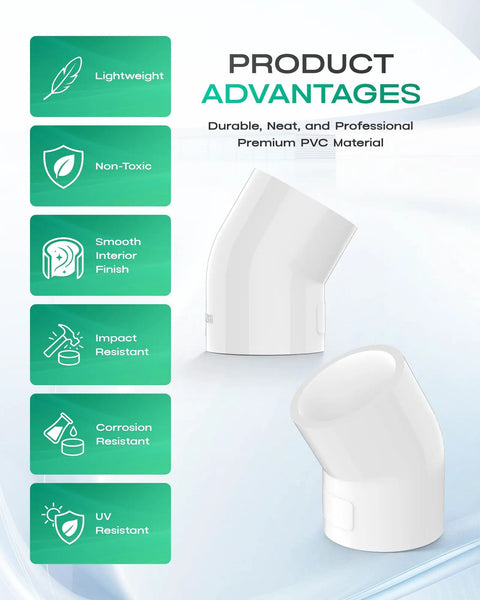 Four Pack 1-1/2 Inch 45 Degree PVC Elbow Fittings Furniture Grade SCH40 PVC Connectors, highlighted product advantages, white fittings