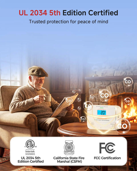 Portable Carbon Monoxide Detector With Digital Display And Sealed Lithium Battery Straight Up Reliable CO Alarm in cozy setting.