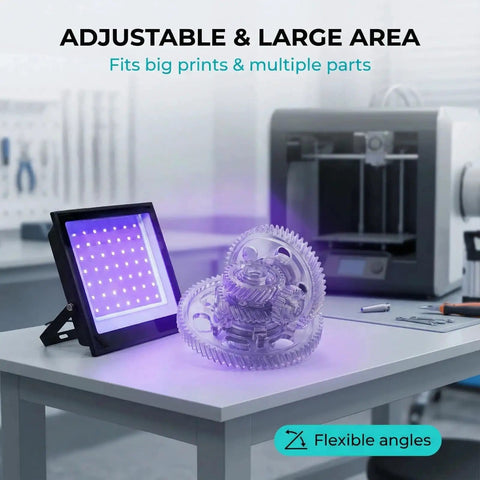 3D Printer UV Resin Curing Light With Timer For SLA DLP LCD 3D Printers illuminating gears in workshop.