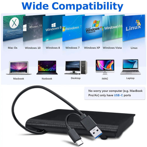 External USB 3.0 Type-C CD DVD Drive for PC and Mac Black Portable Burner with Fast Read and Write Speeds Backward Compatible with USB 1.0 to 2.0 Plug and Play Slim Durable Multisystem Compatibility, shown with USB-C cable