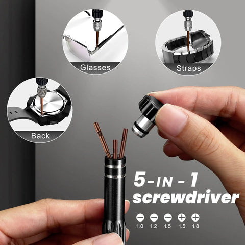 Watch Battery Replacement Kit With Case Back Opener, Five In One Screwdriver, Pry Tools, Spring Bar Tool, Tweezers, Band Replacement Tool