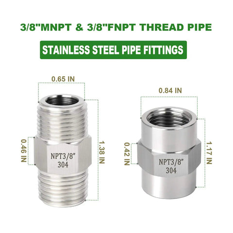 304 Stainless Steel Pipe Fitting Hex Nipple And Coupling Kit, Three Eighths Inch NPT Male To Three Eighths Inch NPT Female Threads