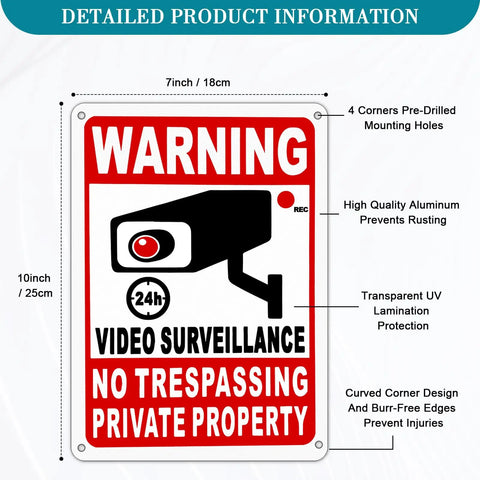 Private Property No Trespassing Sign Bundle Of Rustproof Aluminum With Reflective Film For Night Visibility 24 Hour Video Surveillance Signs Ten By Seven Inch Security Signs For Homes And Businesses 4 Pack, showing detailed product features.