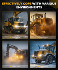 Heavy-duty trucks and excavator operating in rain, dust, and snow, showcasing durability and adaptability in harsh environments.