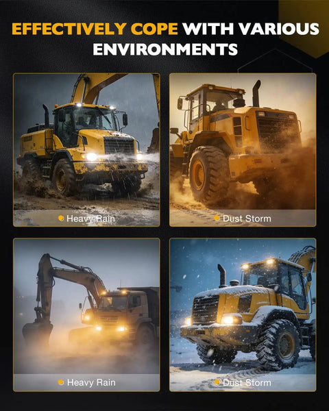 Heavy-duty trucks and excavator operating in rain, dust, and snow, showcasing durability and adaptability in harsh environments.