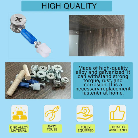 Top Shelf Cam Lock Hardware Kit With 124 Pieces For Cabinet And Drawer Installation Includes Steel Bolts Plastic Expansion Nuts And Twist Lock Connectors For No Sweat DIY Repairs, showing blue plastic handle and zinc alloy parts.