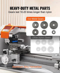 Compact 7X16 Inch Mini Metal Lathe Machine With 800W Brushless Motor Direct Drive showing heavy-duty metal gears and aluminum alloy handwheel.