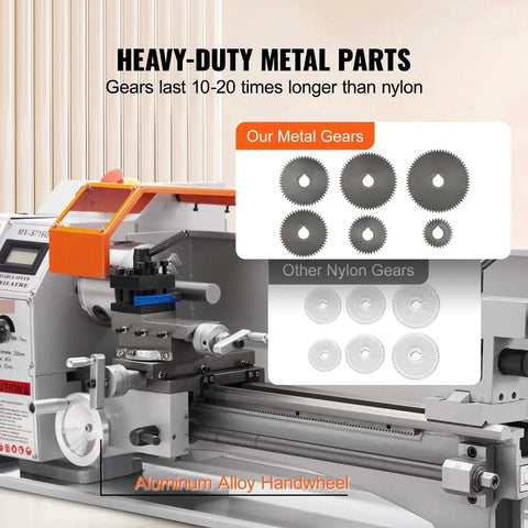 Compact 7X16 Inch Mini Metal Lathe Machine With 800W Brushless Motor Direct Drive showing heavy-duty metal gears and aluminum alloy handwheel.