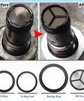 Before and after of IPR screen with O-ring, seal, backup ring; 6.0L IPR Valve Socket Kit And Oil Rail Adapters Set components shown.