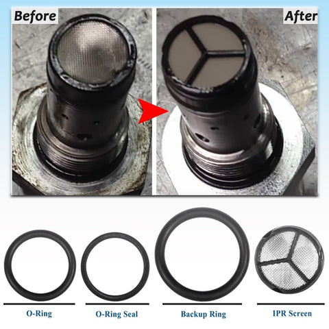 Before and after of IPR screen with O-ring, seal, backup ring; 6.0L IPR Valve Socket Kit And Oil Rail Adapters Set components shown.