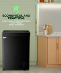 Compact Black Chest Freezer With 3.5 Cubic Feet Capacity in a kitchen, space-saving top design, for meat and seafood storage.