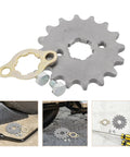 Precision Machined Motorcycle Sprocket Kit With Pro Grade Alloy Steel Small Gear Plate Inner Diameter Screw And Retainer For Bikes Electric Scooters Front Chain Drive Replacement showing sprocket, screws, retainer, and installation insets