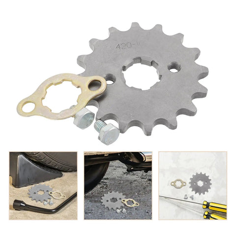 Precision Machined Motorcycle Sprocket Kit With Pro Grade Alloy Steel Small Gear Plate Inner Diameter Screw And Retainer For Bikes Electric Scooters Front Chain Drive Replacement showing sprocket, screws, retainer, and installation insets