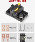 Hardcore 15 Amp Manual Reset Circuit Breaker Designed For Marine RV Truck And Solar Power Builds 12 To 32 Volt DC with accessories.