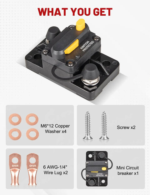 Hardcore 15 Amp Manual Reset Circuit Breaker Designed For Marine RV Truck And Solar Power Builds 12 To 32 Volt DC with accessories.