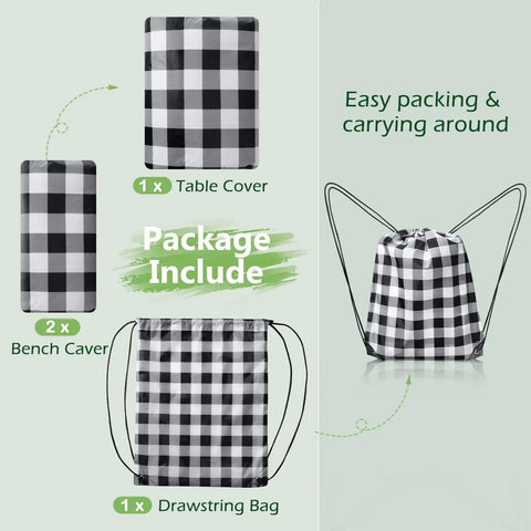 Package includes Picnic Table Cover With Bench Covers 72x30 Inches 3 Piece Set Elastic Edges, black pattern and drawstring bag.