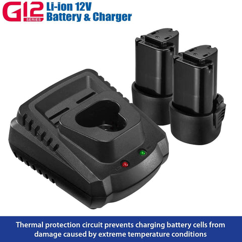 Li-ion 12V battery charger with two batteries for Workhorse 12V Cordless Ratchet Wrench Kit With Three Eighths Inch Drive 57 Ft Lbs Torque Li Ion Power Includes Two Batteries And Carrying Case Lightweight Auto And Diy Repair Tool