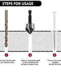 Steps to use the Five Piece Countersink Drill Bit Set With 82 Degree, Five Flute, 1/4 Inch Hex Shank, High Speed Steel Bits.