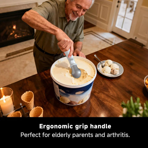 Man scooping ice cream with Rechargeable Heated Ice Cream Scoop With On Off Safety Lock Switch Dual Temp Warming Modes Ergonomic Handle Electric Kitchen Tool For Gelato Frozen Yogurt Sorbet And More in kitchen
