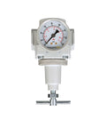 Front view of SAR400T-N04BG 1/2 Inch NPT compressed air regulator with T handle, gauge, and bracket