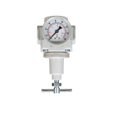 Front view of SAR400T-N04BG 1/2 Inch NPT compressed air regulator with T handle, gauge, and bracket