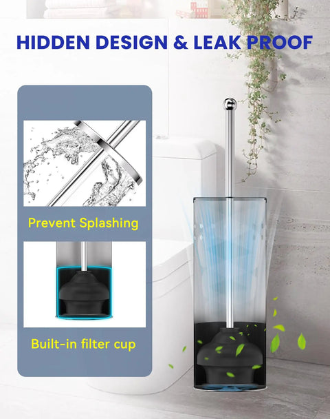 Heavy Duty Toilet Plunger With Sturdy Powder Coated Iron Canister And Badass Suction Rubber Head displayed with hidden design and filter cup.
