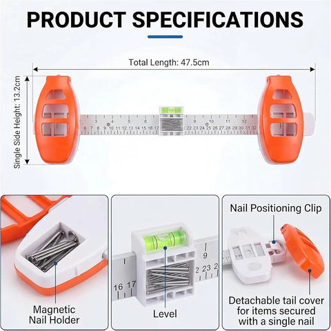 Professional 3 In 1 Picture Hanging Tool And Spirit Level Features Precision Measuring Ruler With Magnetic Nail Starter For No Sweat Wall Art Installation Diy Home Decor Game Changer, showing specifications with ruler and level.